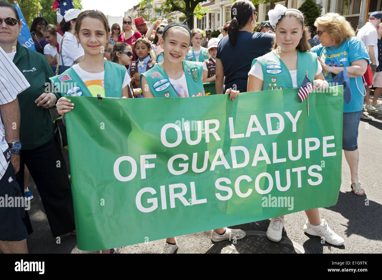 Girl scout troop prepares to march in The Kings County Memorial Day Parade in the Bay Ridge Section of Brooklyn, NY, 2014. Stock Photo