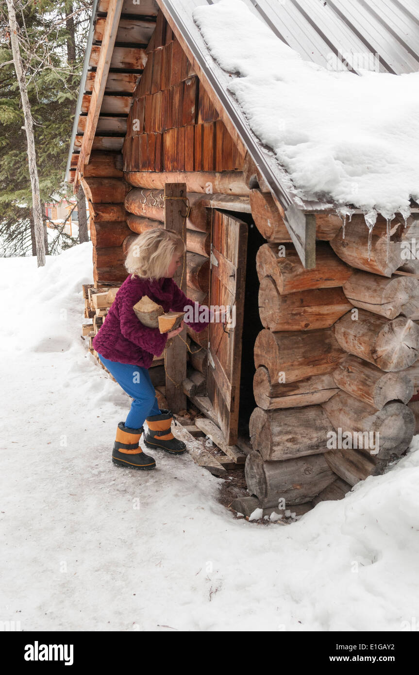 A young girl carrying an armload of wood into a log sauna in Banff ...