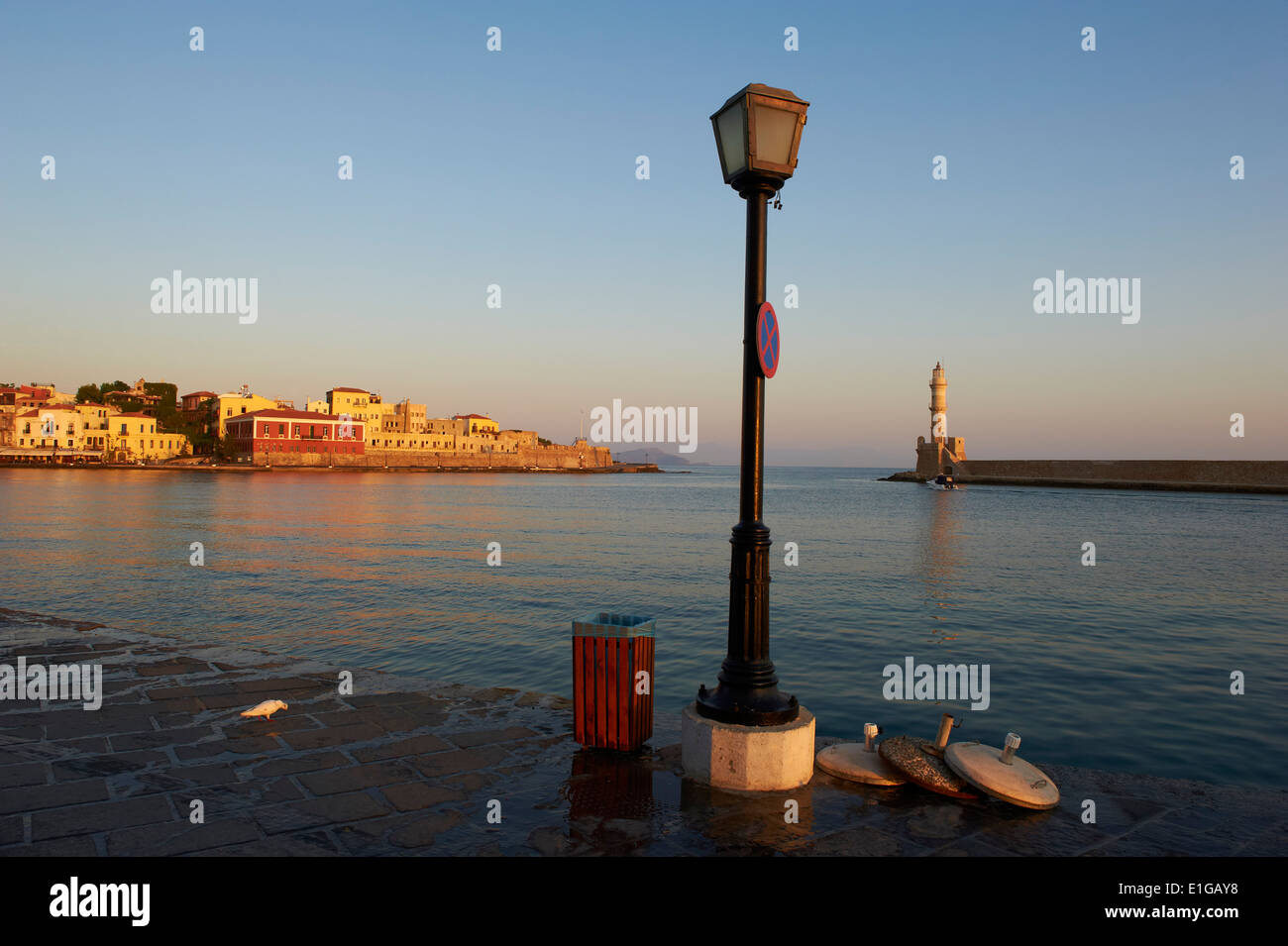 Greece, Crete island, Chania, Venetian port and lighthouse Stock Photo