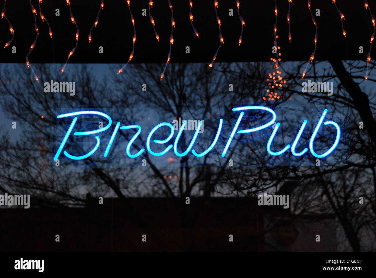 Brew pub sign in the window of a brewery restaurant in Oregon Stock