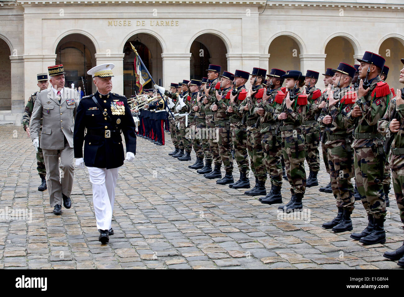 US Marine Corps General James F. Amos, commandant of the Marine Corps, during an honors ceremony hosted by chief of staff of the French army, General Bertrand Ract-Madoux, at Les Invalides May 26, 2014 in Paris, France. Stock Photo