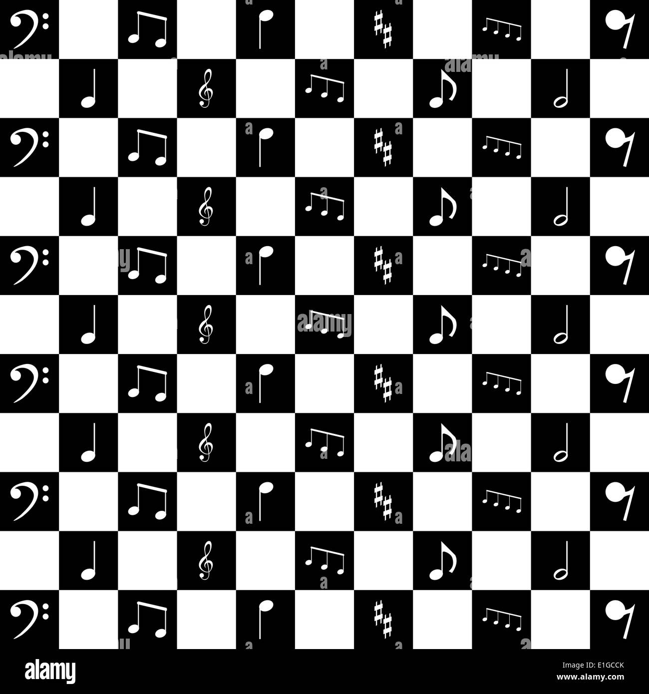 A repeating checkerboard pattern of musical notes and clefs in black and white. Stock Photo