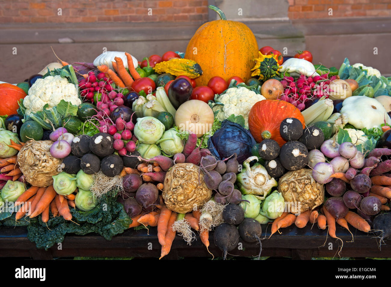 Colourful selection of a wide variety of vegetables at a market stand, Colmar, Alsace, France Stock Photo