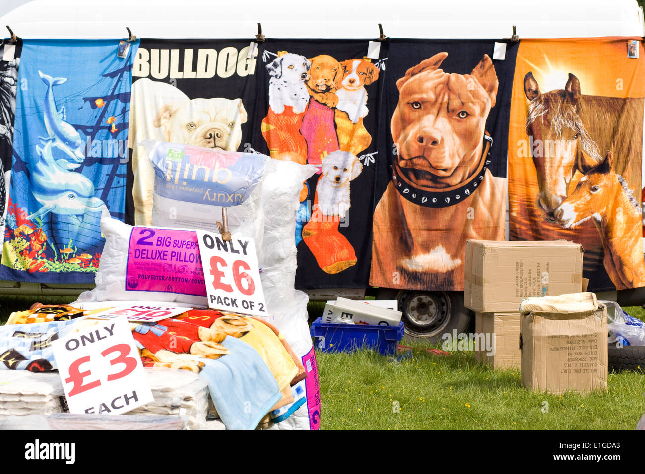 Soft furnishings on a market stall Stock Photo