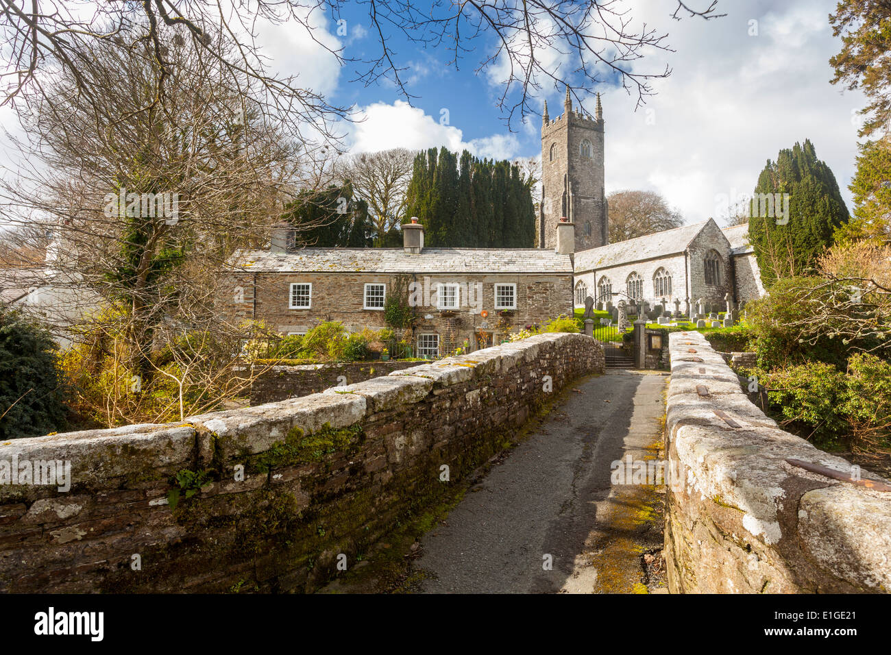 The Church of St Nonna and Pack Horse bridge at Altarnun on Bodmin Moor Cornwall England UK Europe Stock Photo