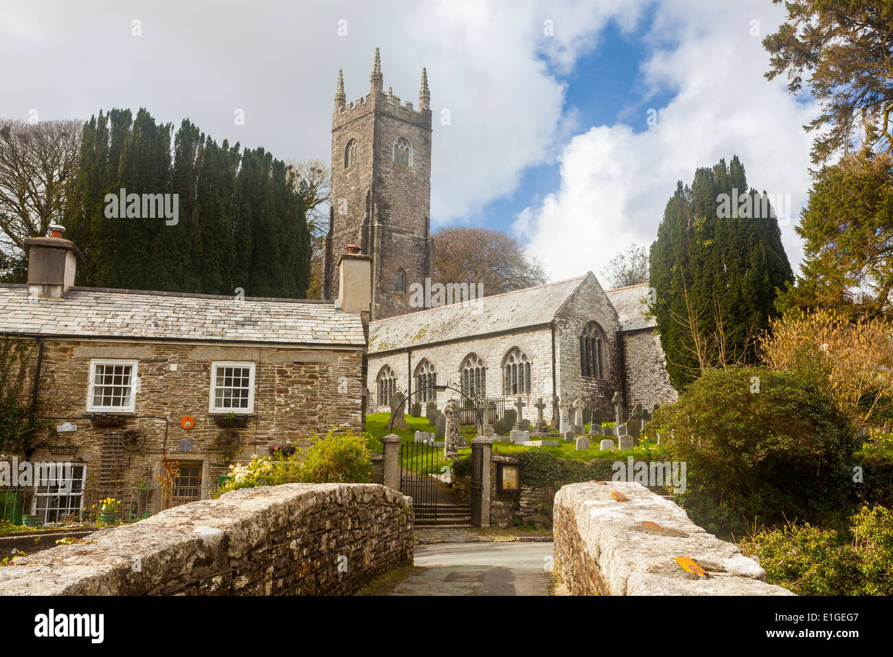 The Church of St Nonna and Pack Horse bridge at Altarnun on Bodmin Moor Cornwall England UK Europe Stock Photo