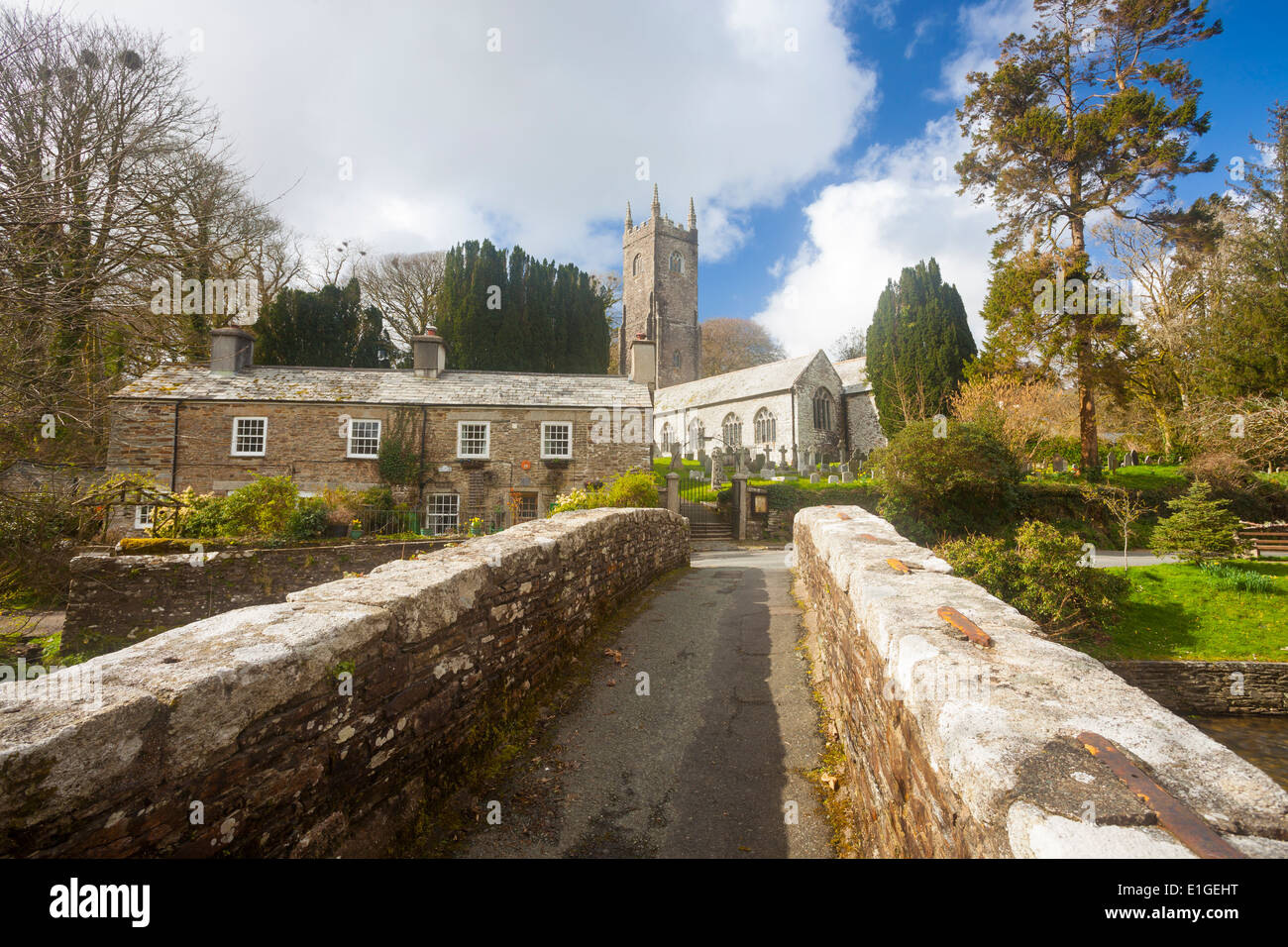 The Church of St Nonna and Pack Horse bridge at Altarnun on Bodmin Moor ...