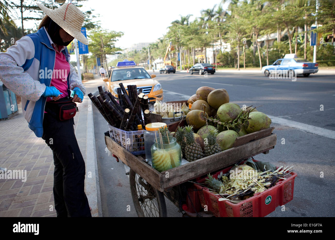 A woman selling sugar canes, coconuts and pineapples in Sanya, Hainan, China, on 07 January 2014. Stock Photo