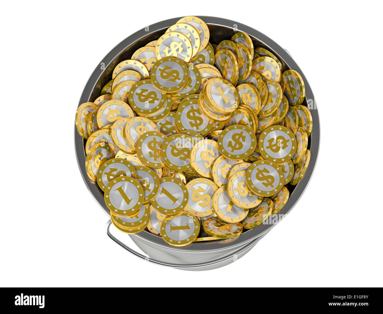 Golden Coins in a Bucket - isolated on white Stock Photo