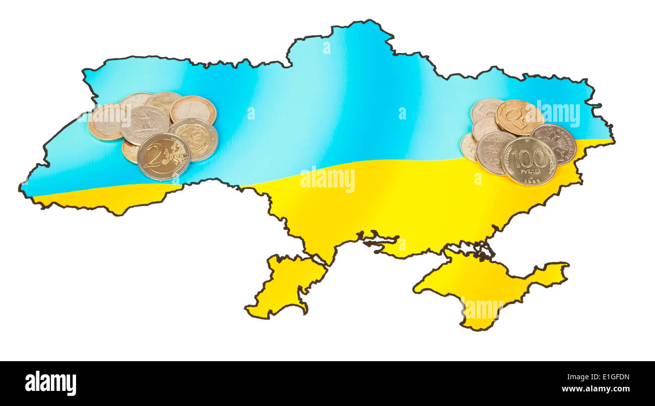 Euros and Rubles on the map of Ukraine Stock Photo