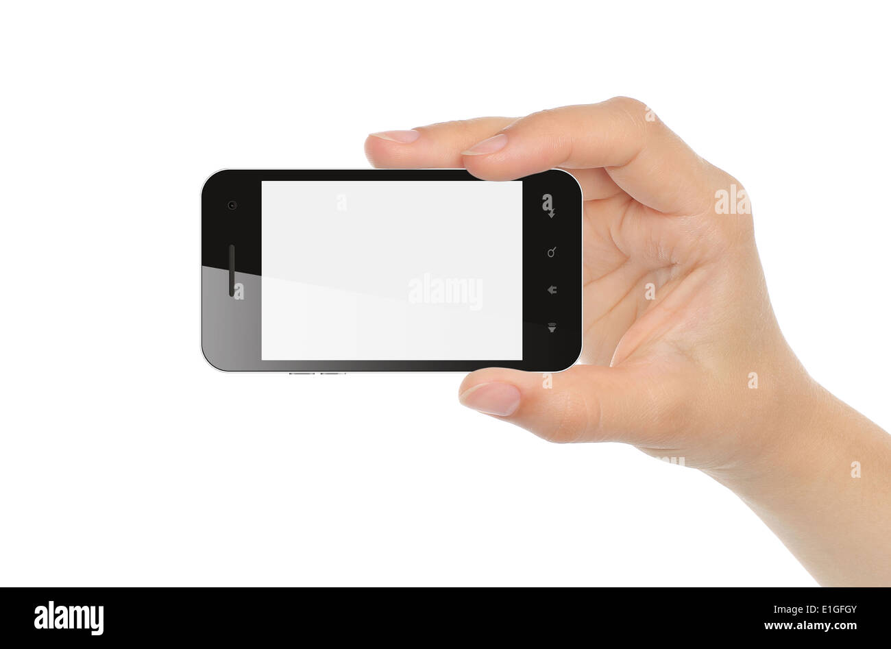 Hand holding smart phone isolated on white background Stock Photo - Alamy