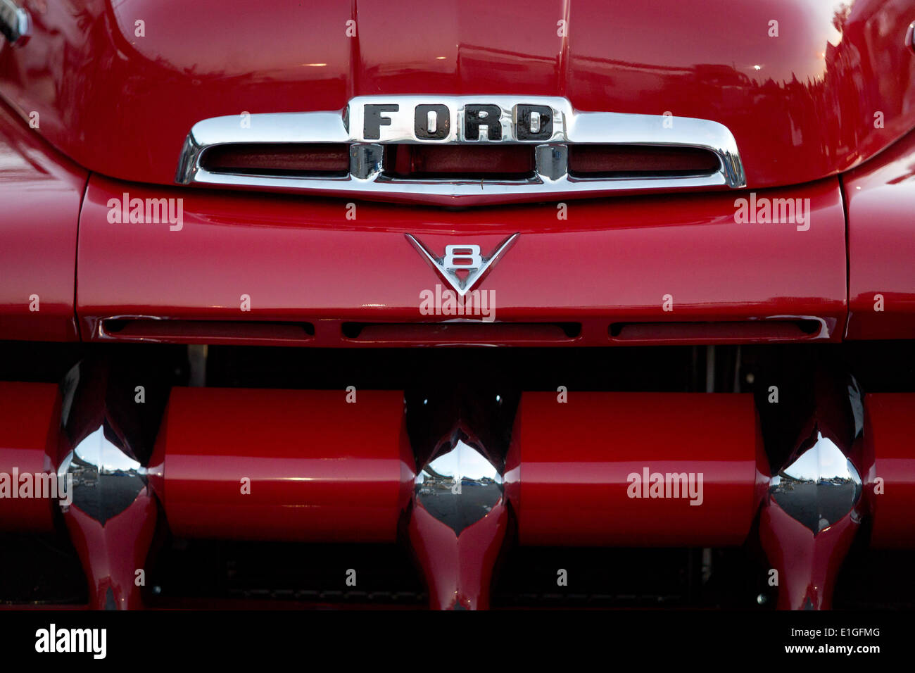 Bright red vintage Ford F100 from the 1950s, at the Big3 swap meet, at the parking lot of Qualcomm Stadium, in March 2014. Stock Photo