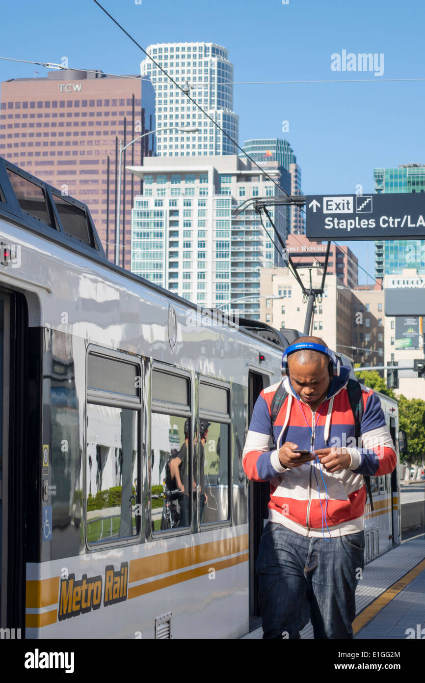 Los Angeles California,Downtown,LA County Metro Rail,urban rail system,mass transit,Gold Line,Pico Station,station,platform,train,Black,man men male,h Stock Photo