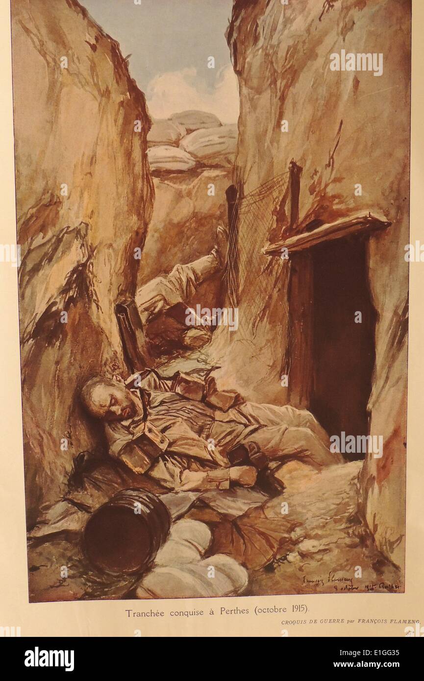 Illustration depicting dead German soldiers in a trench during World War I by Francois Flameng (1856 - 1923). French painter and illustrator during the last quarter of the 19th Century and early 20th Century. Dated 1916 Stock Photo