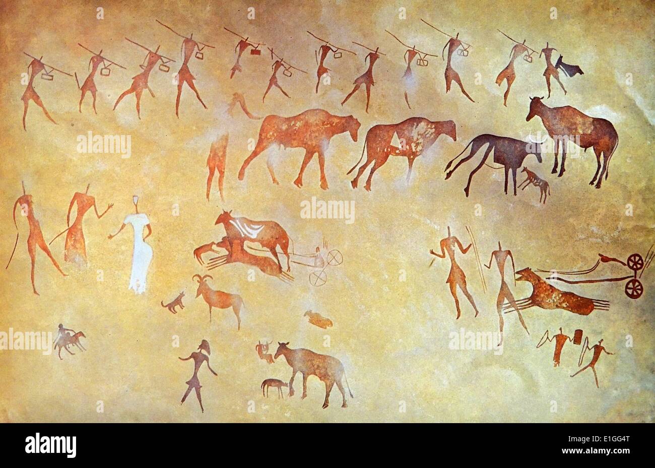 Fresco at Adjefou was painted soon after the invasion of Tassili. The painting depicts trained warriors and the end of the Pastoralists. Stock Photo