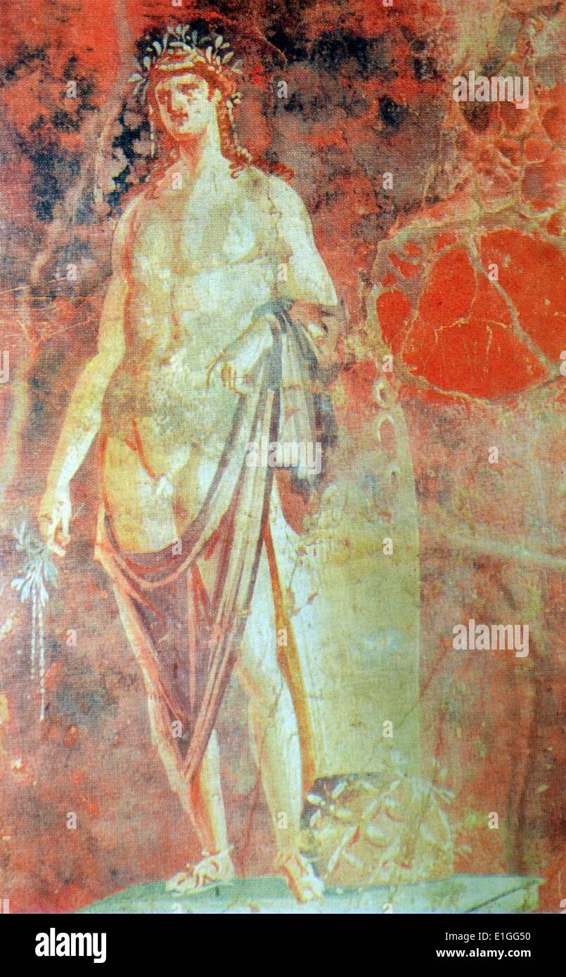 Fresco depicting the God Apollo; God of music, poetry, art, oracles, archery, plague, medicine, sun, light and knowledge. Dated 1st Century B.C. Stock Photo