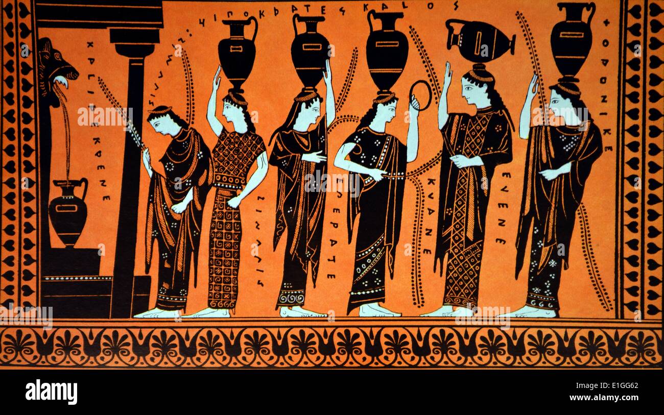 Greek attic pottery depicting Greek women wearing festive clothing collecting water for a bride from the fountain Callirrhoe. Dated 400 B.C. Stock Photo