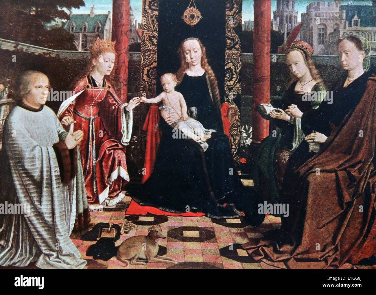 The Mystic Marriage of Saint Catherine depicts the virgin saint going through a mystical marriage ceremony with the infant Christ, in the presence of the Virgin Mary, consecrating themselves and their virginity to him. By Gerard David (1460 - 1523) an Netherlandish painter and manuscript illuminator. Dated 1510 Stock Photo