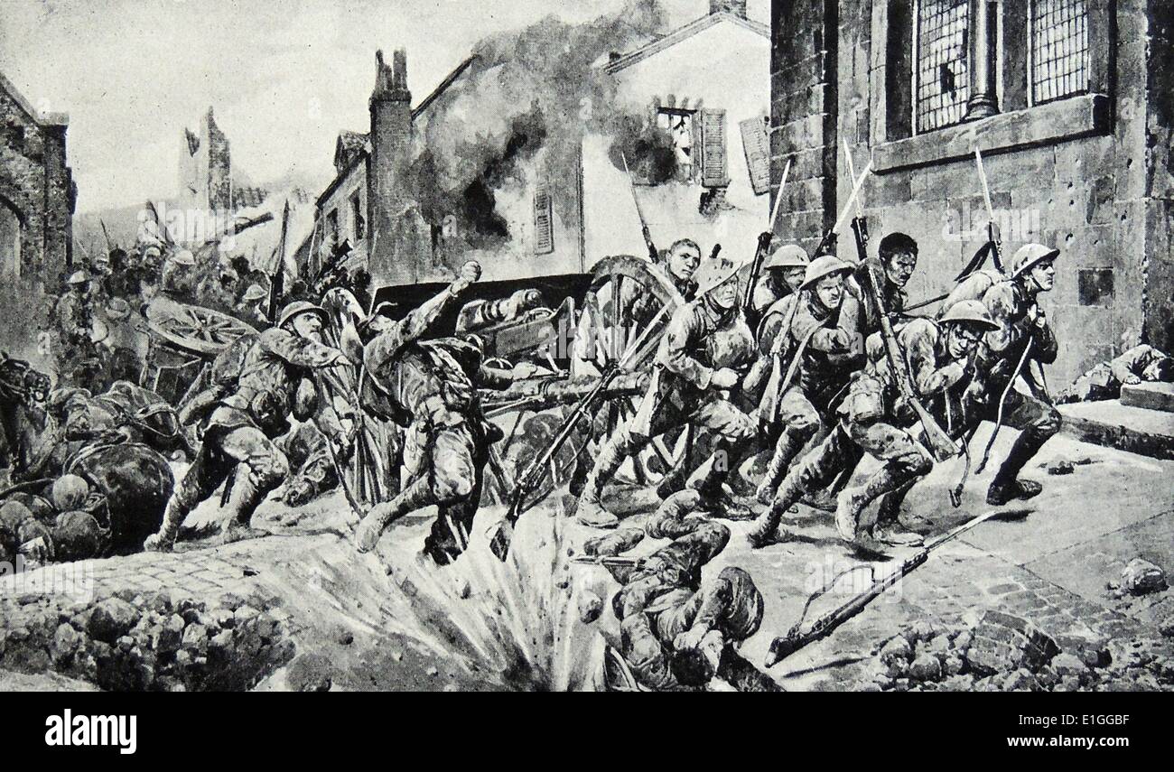 Illustration of dauntiless heroism of British guards that saved the day. Dated 1917 Stock Photo