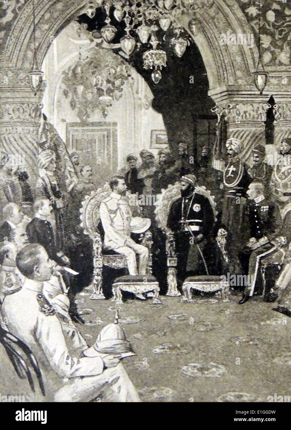After the Maharana of Udaipur had been presented to the Royal party on their arrival from bombay, the Prince of Wales paid a ceremonial visit to the royal palace.  Its ruler, the head of the noblest clan of the Rajputs, is regarded by Hindus as the descendant of the gods. It is asserted that his family has ruled since 144 A.D. Stock Photo