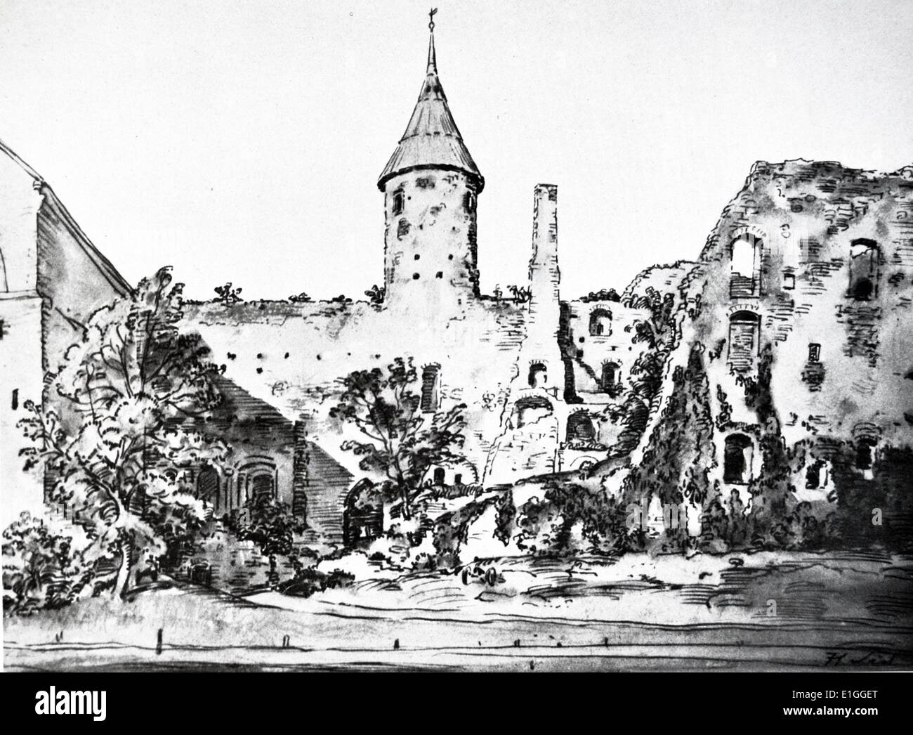 Ruined Castle at Haspal'  by Hans list.  Published in 'Die Kunst im deutschen Reich' (Art in the German Reich) was first published in January 1937 by Gauleiter Adolf Wagnerand later issued under the direction Adolf Hitler himself. Stock Photo