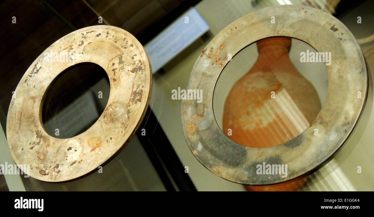 Two jade discs, bi Shang dynasty, 12th-11th century BC. Stock Photo