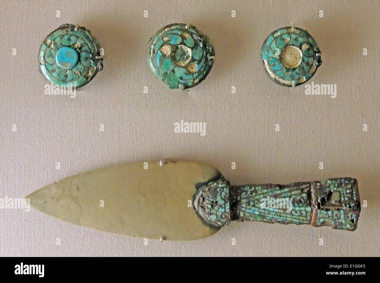Jade spearhead in  a bronze shaft set with turquoise, Chinese Shang dynasty 12-11th century BC Stock Photo