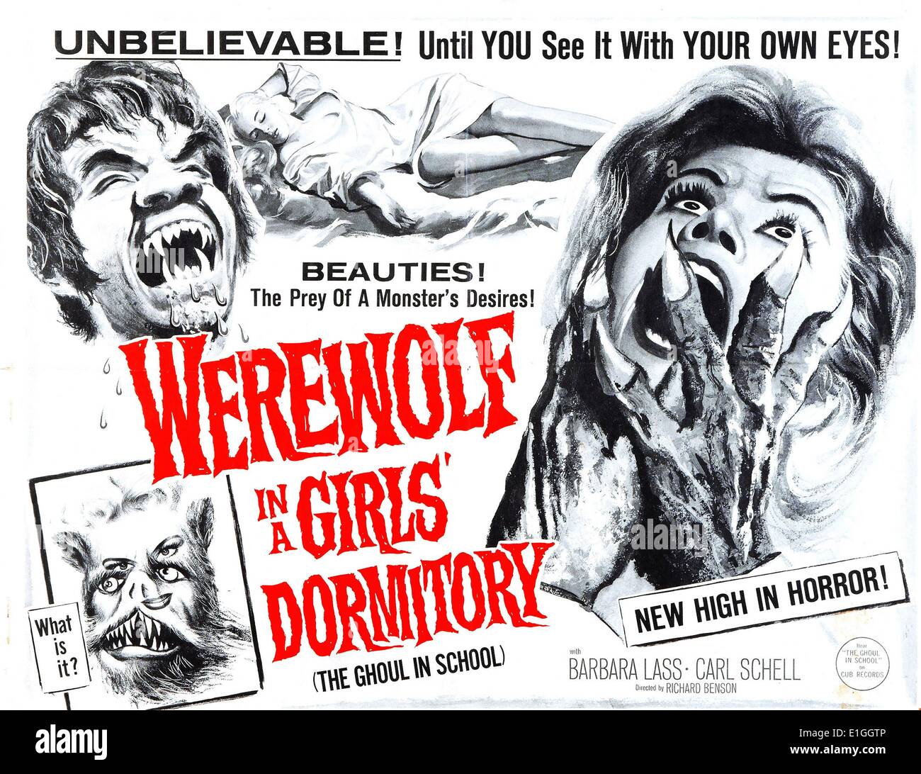 Werewolf in a Girls' Dormitory with Barbara Lass and Carl Schell was an action/horror film released in 1961. Stock Photo