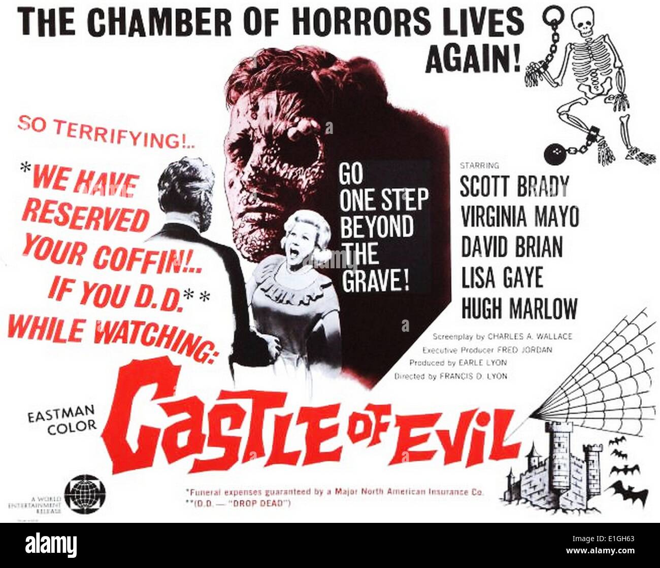 Castle of Evil (1966) Horror film in which relatives of a recently deceased man named Kovac gather at his creepy mansion for the reading of the will. Before the will can be read, however, the relatives began to be murdered one by one. Stars:Scott Brady, Virginia Mayo, David Brian Stock Photo