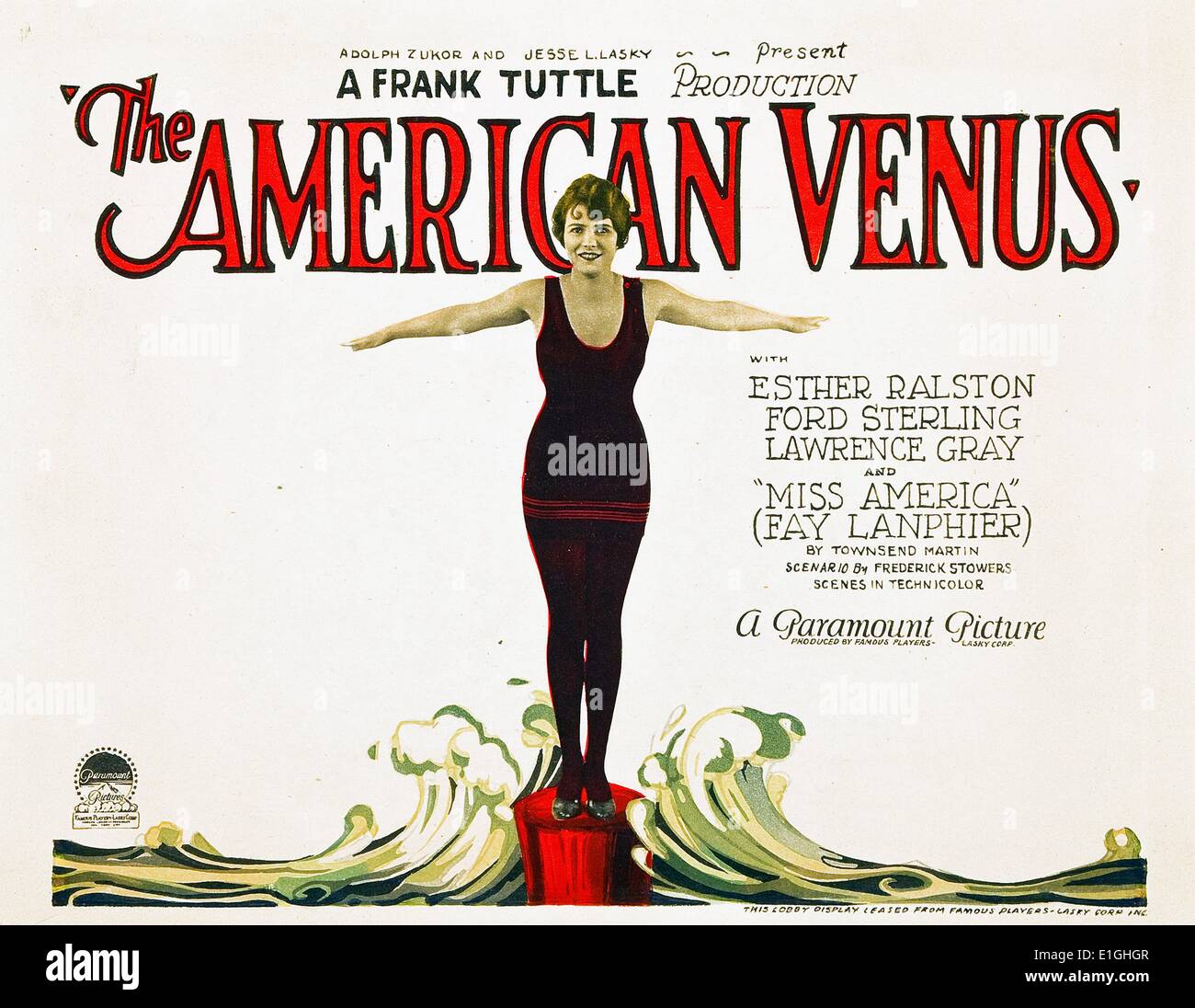 The American Venus was a 1926 American silent comedy film directed by Frank Tuttle, and starring Esther Ralston, Ford Sterling, Edna May Oliver, Lawrence Gray, Fay Lanphier, Louise Brooks, Kenneth MacKenna, and Douglas Fairbanks Jr., and released by Paramount Pictures. Brooks appears, in her first credited role as 'Miss Bayport'. Lanphier was crowned Miss America in 1925.[1] Stock Photo