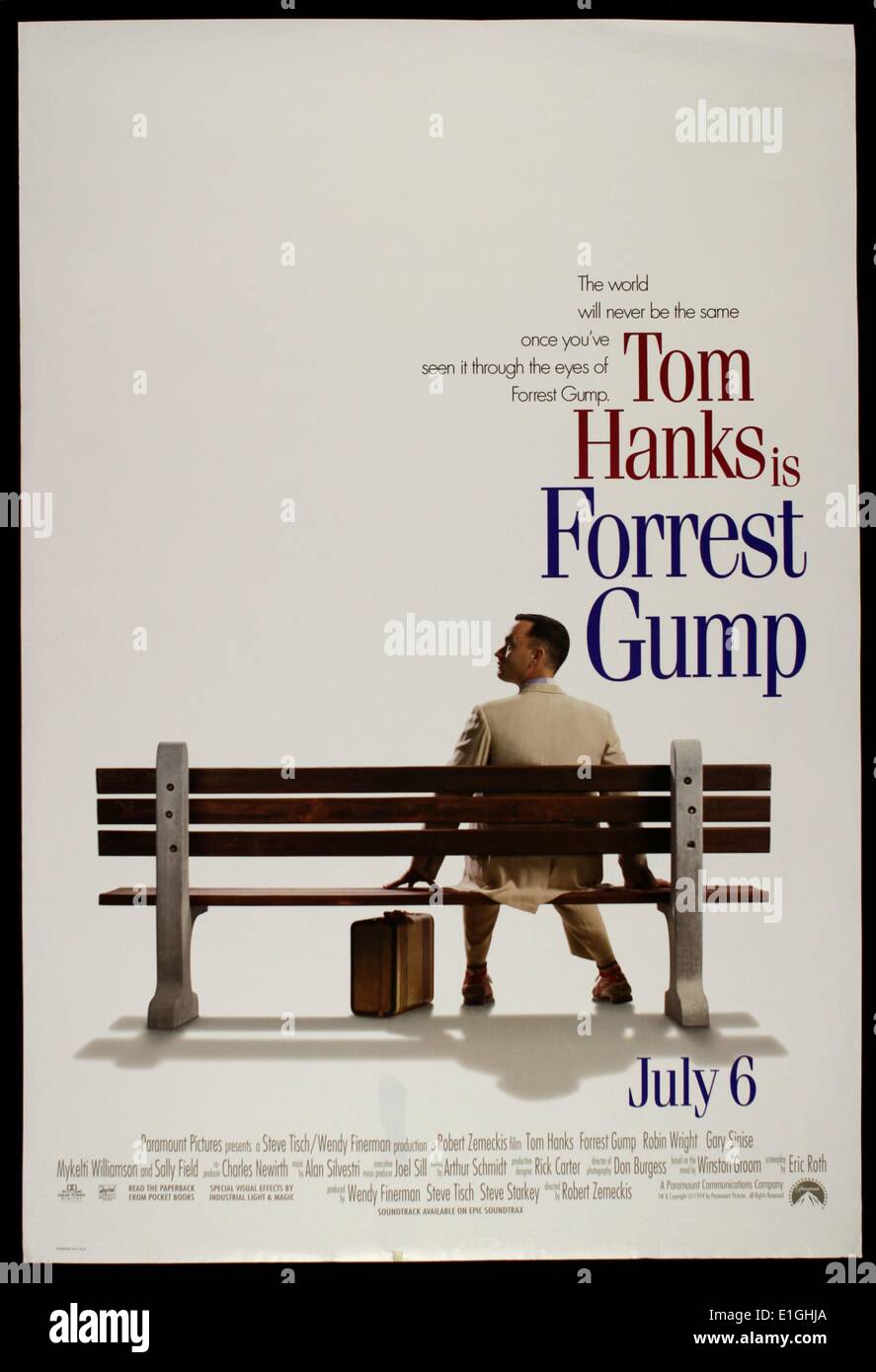Forrest Gump a 1994 American epic romantic comedy film starring Tom Hanks, Robin Wright, Gary Sinise and Sally Field. Stock Photo