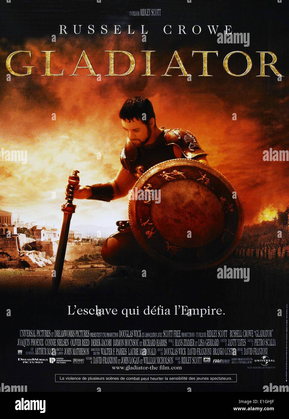 Gladiator a 2000 British-American epic historical drama film starring Russell Crowe, Joaquin Phoenix, Connie Nielsen, Ralf Moller and Oliver Reed (in his final film role), Djimon Hounsou, Derek Jacobi, John Shrapnel and Richard Harris. Stock Photo