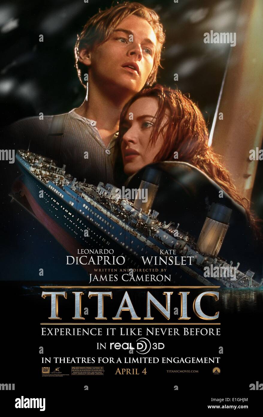 Titanic 1997 American epic romance/disaster film, starring Leonardo Dicaprio and Kate Winslet. Stock Photo