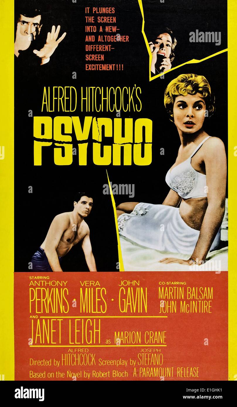 Psycho a 1960 American horror-thriller film starring Anthony Perkins, Vera Miles, John Gavin and Janet Leigh. Stock Photo