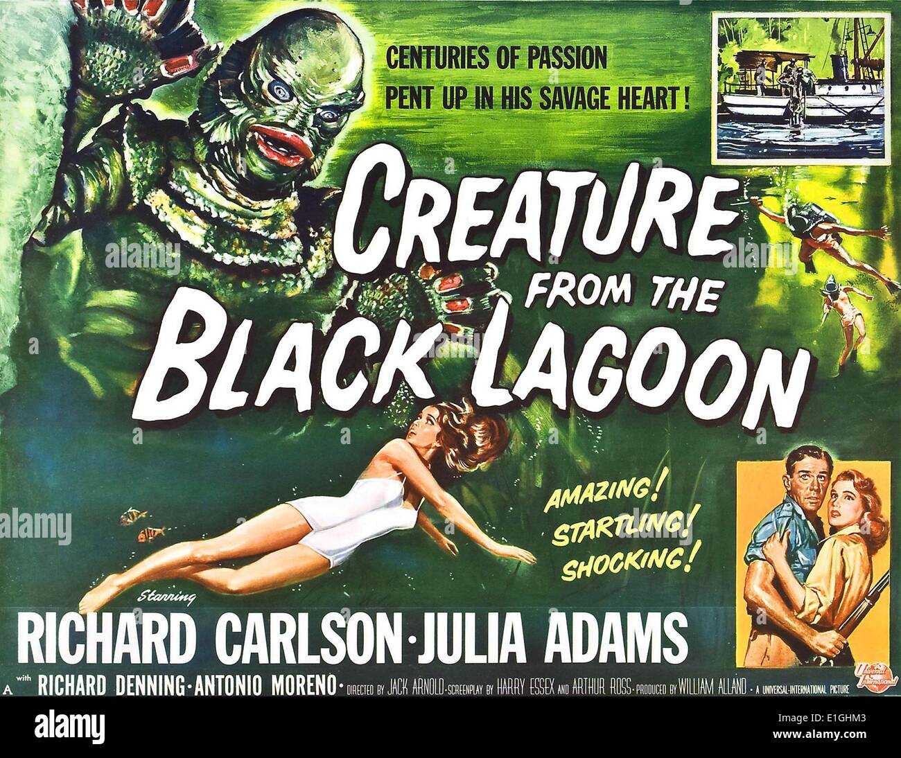 Creature from the Black Lagoon a 1954 monster horror 3-D film in black and white starring Richard Carlson and Julia Adams. Stock Photo