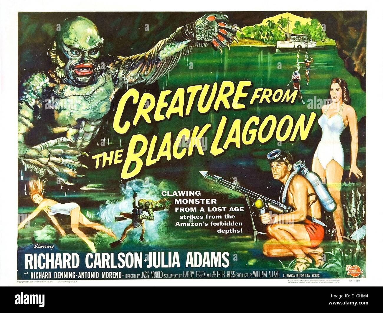 Creature from the Black Lagoon a 1954 monster horror 3-D film in black and white starring Richard Carlson and Julia Adams. Stock Photo