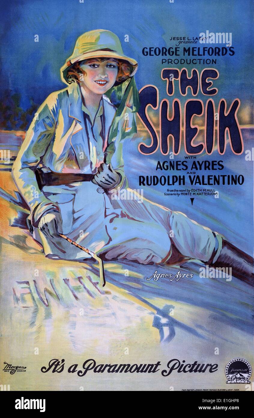 The Sheik with Agnes Ayres and Rudolph Valentino, movie poster. A 1921 American silent romantic drama film produced by Famous Players-Lasky, directed by George Melford and starring Rudolph Valentino, Agnes Ayres, and Adolphe Menjou. It was based on the bestselling romance novel of the same name by Edith Maude Hull and was adapted for the screen by Monte M. Katterjohn. The film was box office hit and helped propel Valentino to stardom. Stock Photo