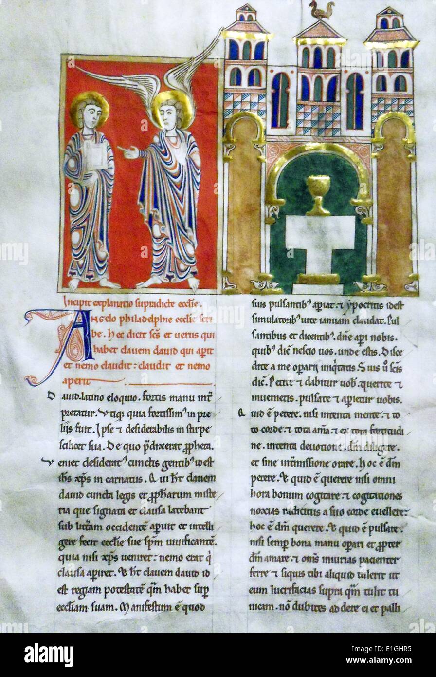 The Angel of the Church of Philadelphia with Saint John.  Leaf from a Beatus manuscript.  Tempera, gold and ink of parchment.  Spanish, from the Benedictine monastery. Stock Photo