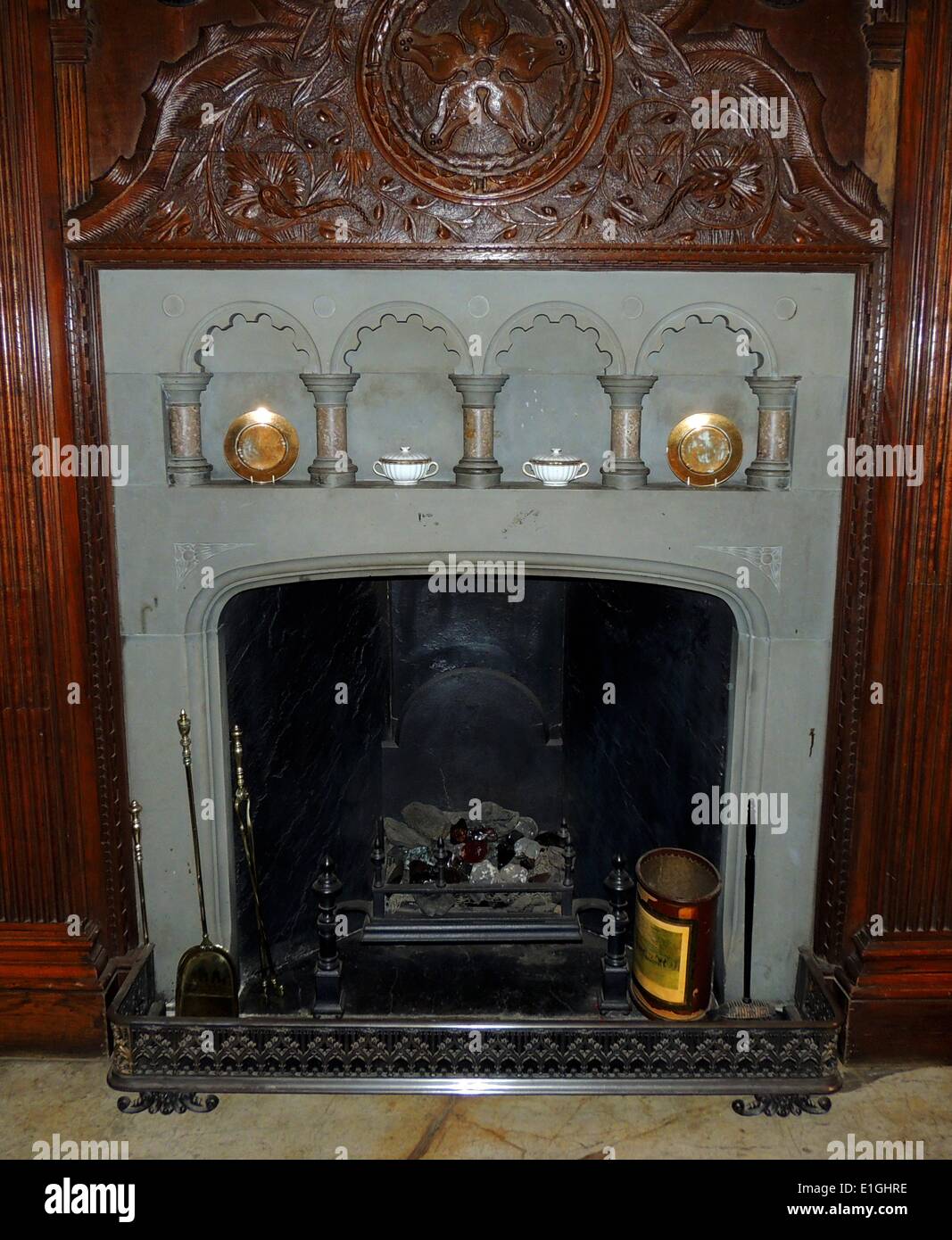 Jacobean 17th century English stone fireplace with wooden facia