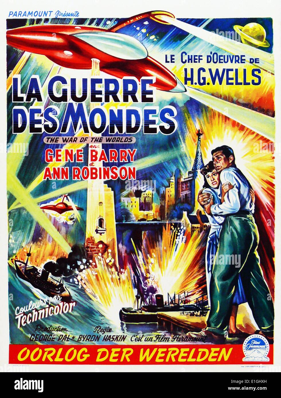 La Guerre Des Mondes (The War of the Worlds) starring Gene Barry and Ann Robinson a 1953 Paramount Pictures technicolor science fiction film. Stock Photo