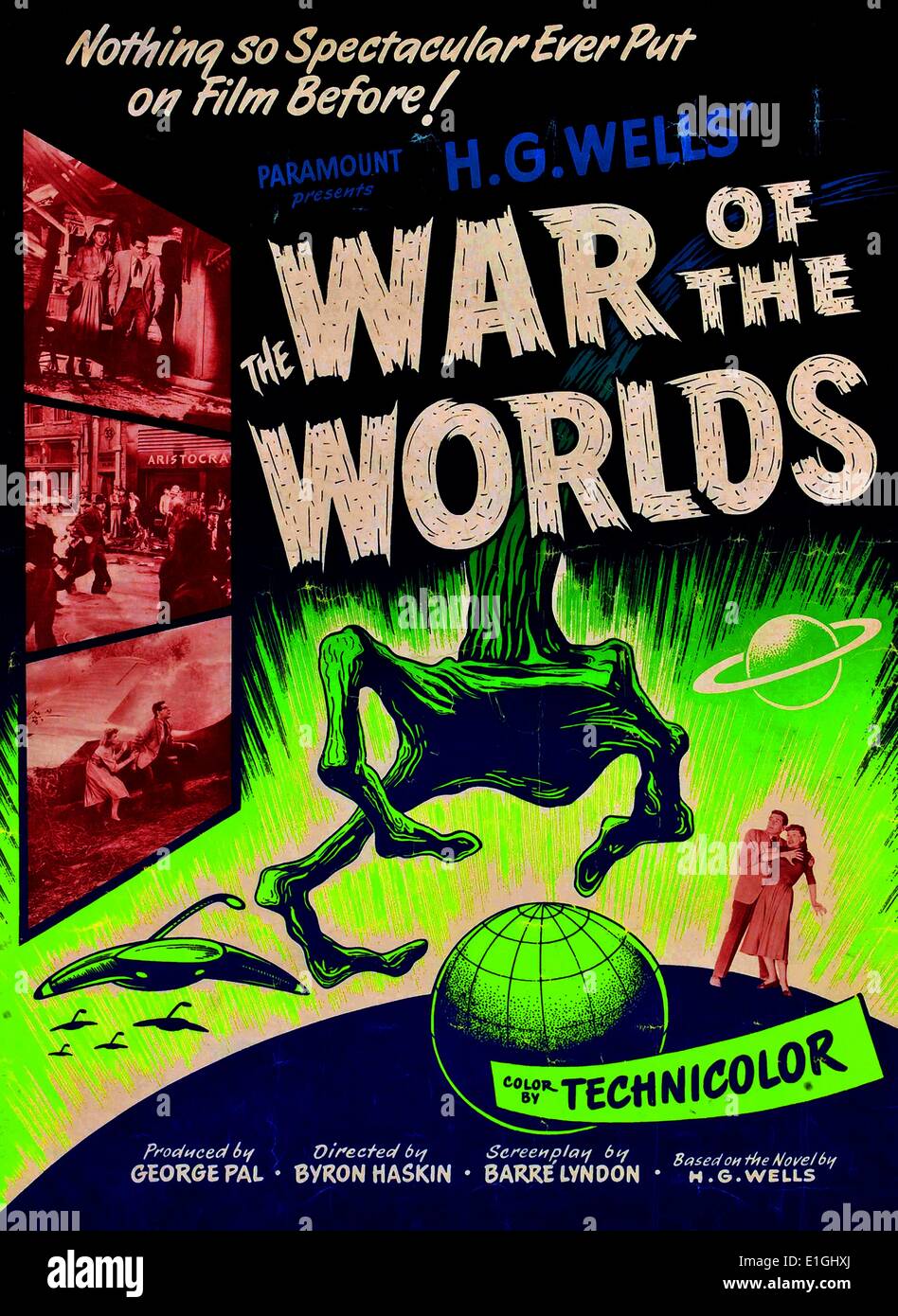 The War of the Worlds a 1953 Paramount Pictures Technicolor science fiction film starring Gene Barry and Ann Robinson. Stock Photo