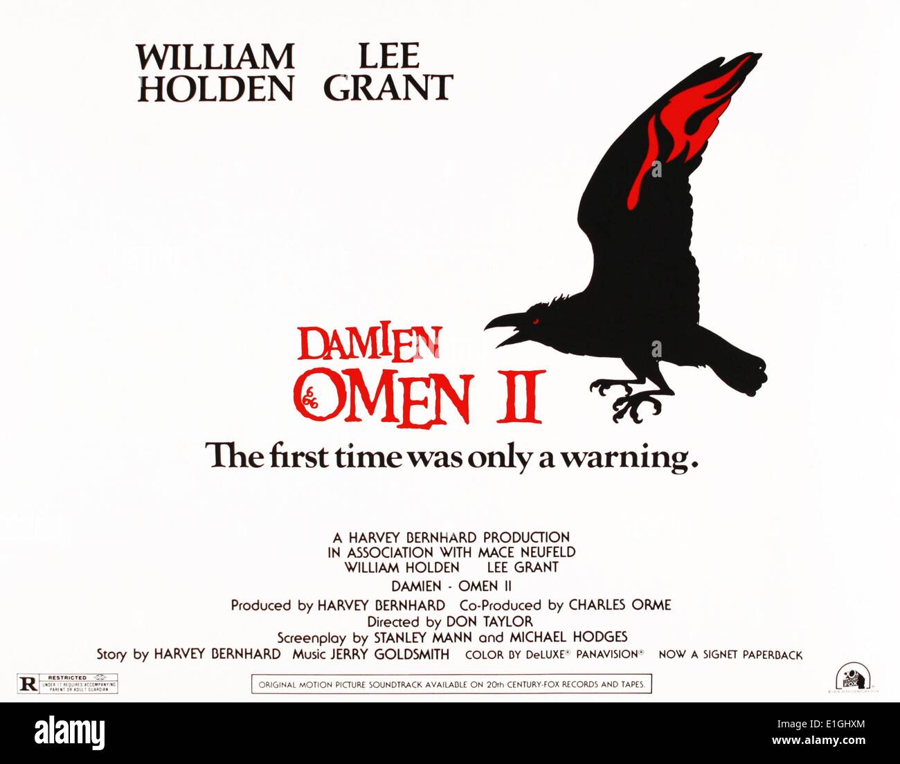 Damien, Omen II starring William Holden and Lee Grant a 1978 American horror film. Stock Photo