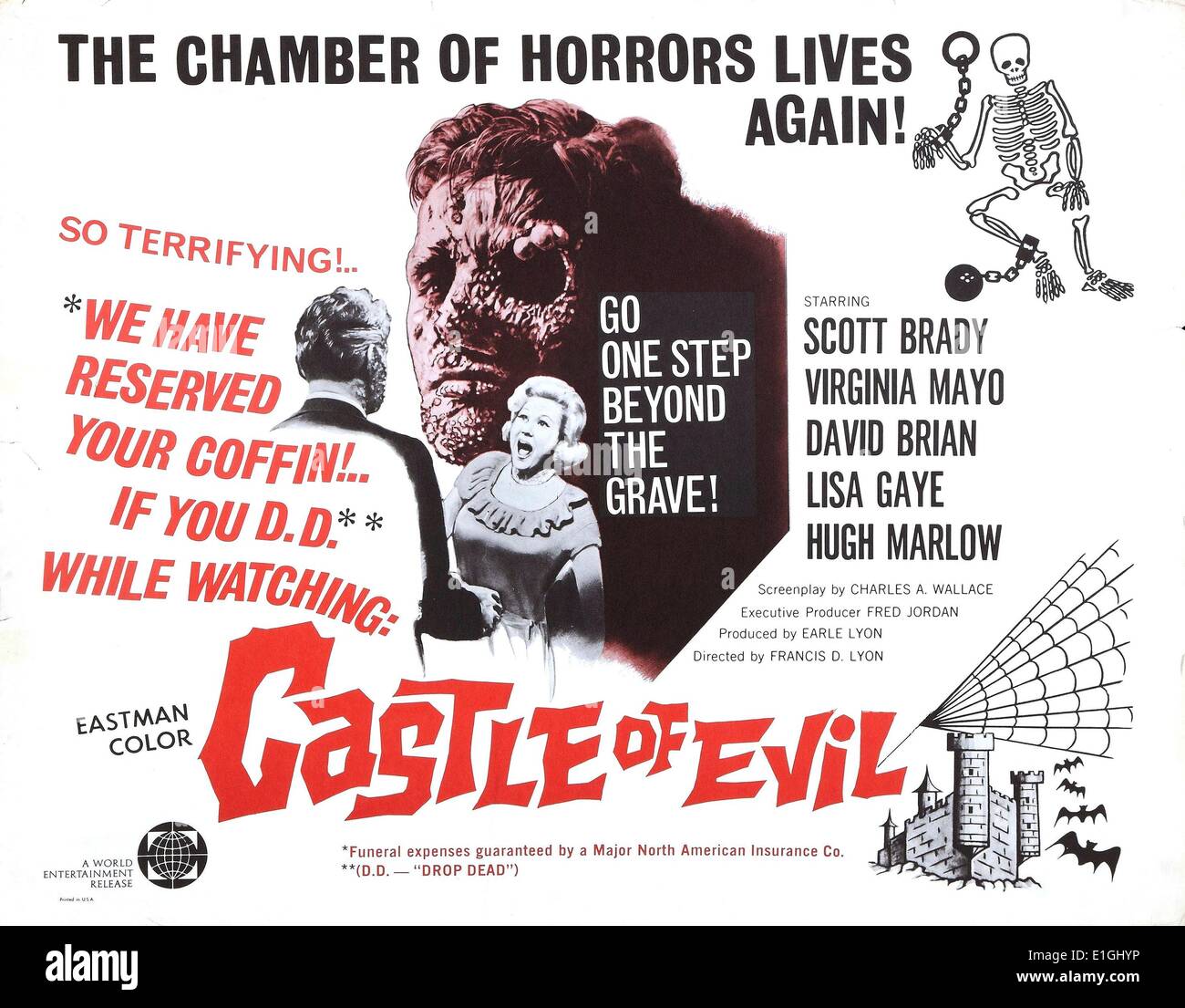 Castle of Evil athriller staring: Scott Brady, Virginia Mayo, David Brian, Lisa Gaye and Hugh Marlow. The relatives of a recently deceased man named Kovac gather at is creepy mansion for the reading of the will. Before the will can be read, however, the relatives began to be murdered one by one. Stock Photo