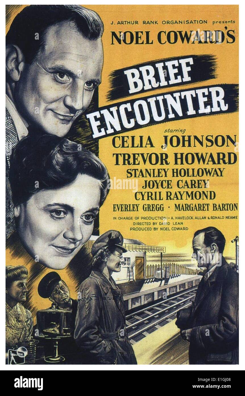 Brief Encounter'  a 1945 British film directed by David Lean about British suburban life,  a married woman has a chance meeting at a train station with a stranger. The film stars Celia Johnson, Trevor Howard, Stanley Holloway and Joyce Carey. The screenplay is by Noël Coward, Stock Photo