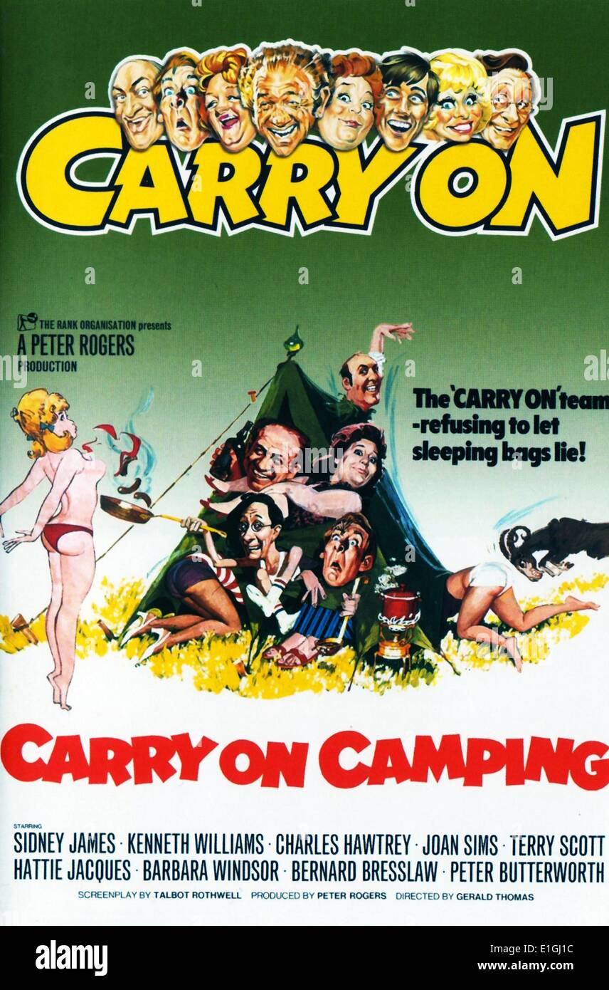 Carry On Camping is a 1969 comedy film and the seventeenth in the series of Carry On films to be made. It features series regulars Sid James, Kenneth Williams, Charles Hawtrey, Joan Sims, Terry Scott, Hattie Jacques, Barbara Windsor, Bernard Bresslaw and Peter Butterworth. Stock Photo