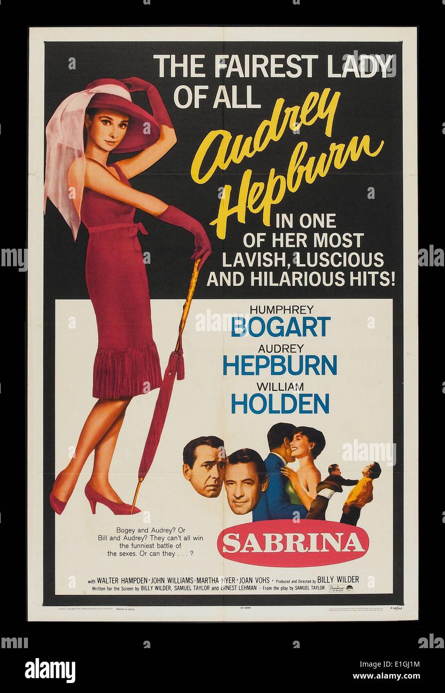 Sabrina (Sabrina Fair in the United Kingdom) is a 1954 American romantic comedy film directed by Billy Wilder, adapted for the screen by Wilder, Samuel A. Taylor, and Ernest Lehman from Taylor's play Sabrina Fair. It stars Humphrey Bogart, Audrey Hepburn, and William Holden Stock Photo