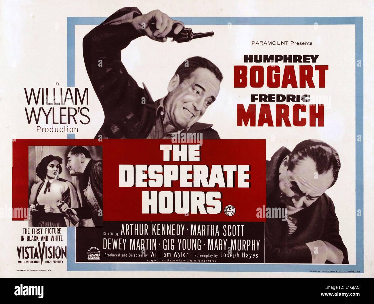 The Desperate Hours is a 1955 film from Paramount Pictures starring Humphrey Bogart and Fredric March. starring Humphrey Bogart, Frederick March, Arthur Kennedy, Martha Scott, Dewy Martin, Gig Young and Mary Murphy Stock Photo
