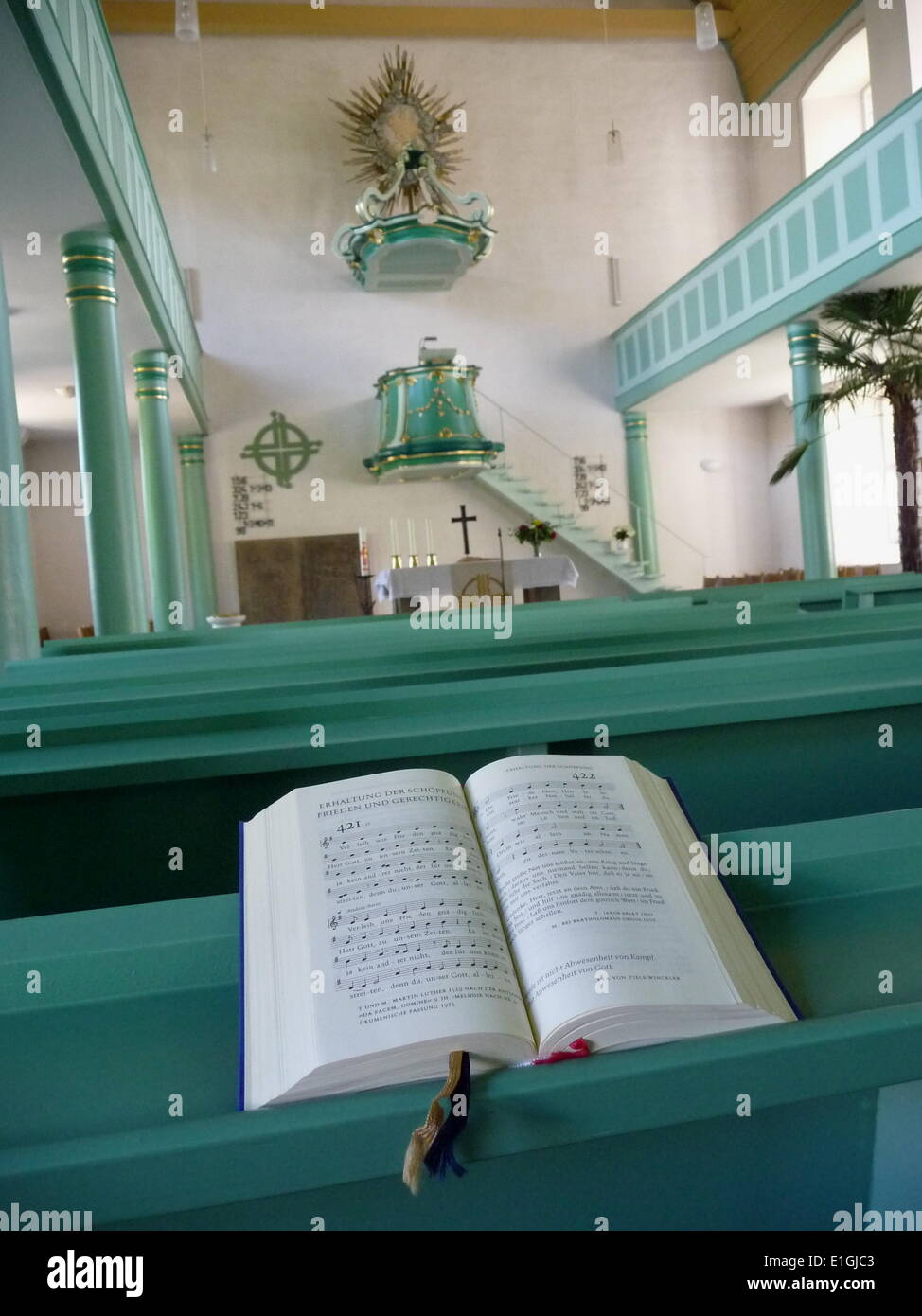 Songbook in protestant church in Niederaula in Hesse, Germany, pictured 20 May 2014. Photo: Beate Schleep Stock Photo