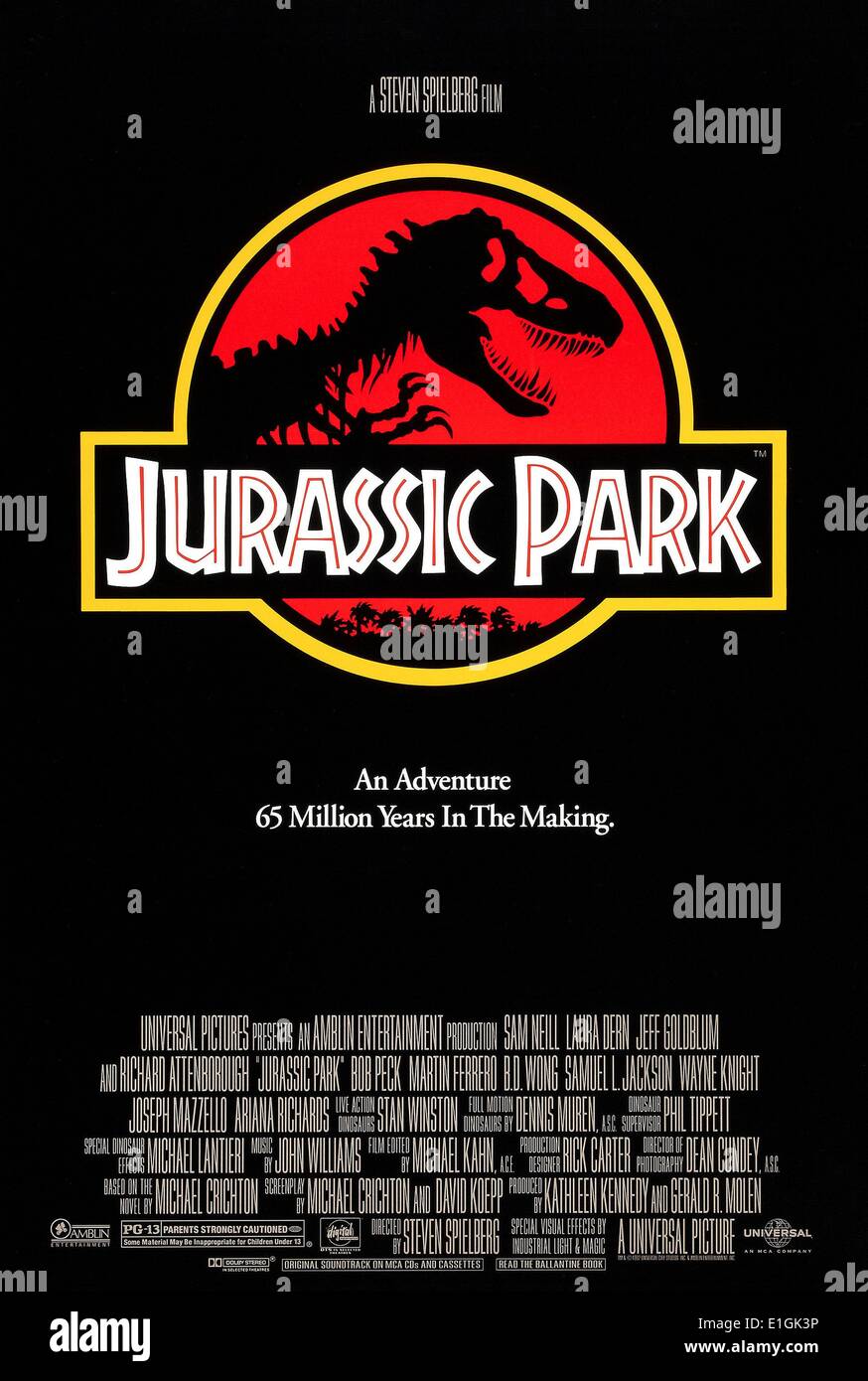 Jurrasic Park a 1993 American science fiction adventure film starring Sam Neill, Laura Dern, Jeff Goldblum and Richard Attenborough. Stock Photo