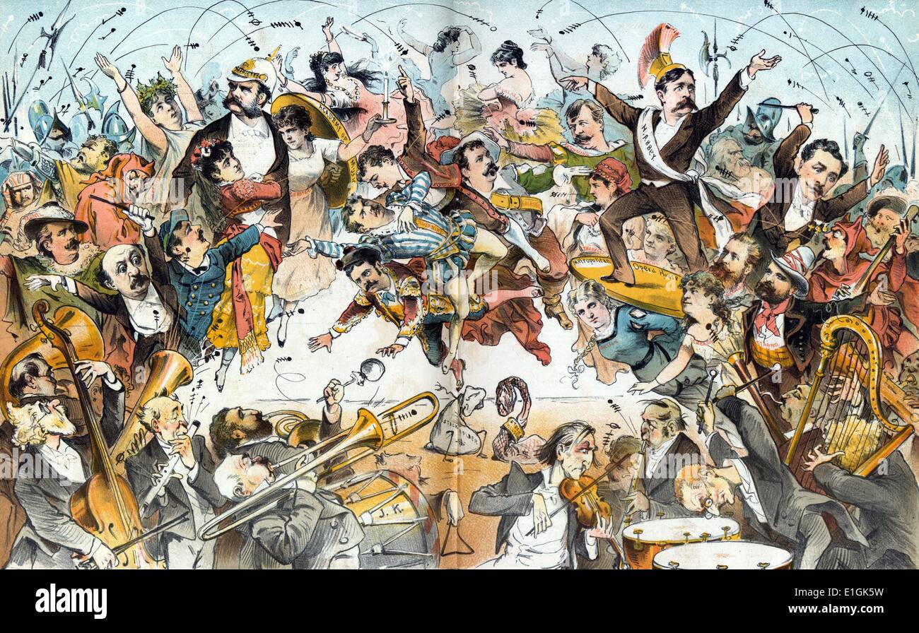 The operatic war in New York by Joseph Keppler, 1838-1894, artist 1883. Print shows a clash between the Academy of Music and the Metropolitan Opera, with Henry E. Abbey, opera singers, conductors, and orchestras; some of the identified figures include Marcella Sembrich, Sofia Scalchi, Galassi, Trebelli, Roberto Stagno, Mirabelli, Campanini, and Col. Mapleson. Stock Photo